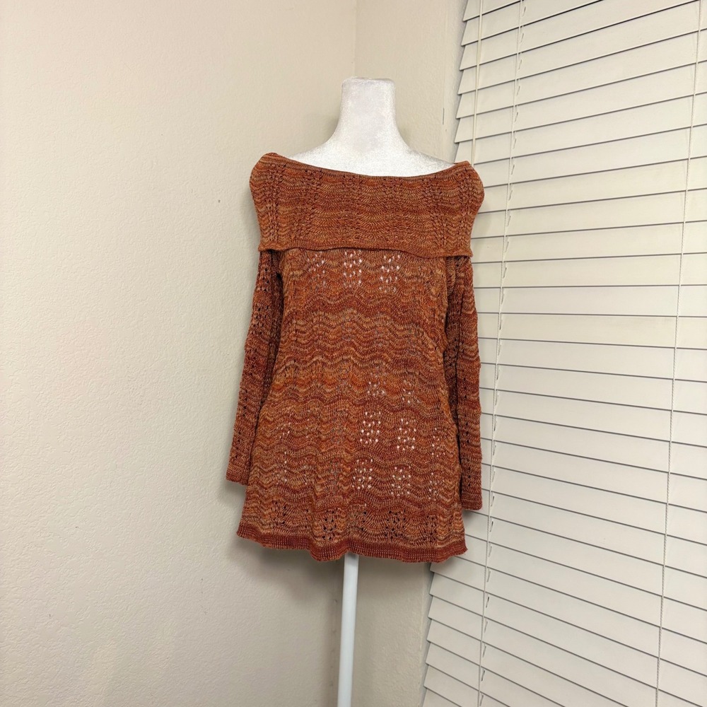Boho Artsy Autumn Orange Pointelle Lace Knit Cowl Off Shoulder Sweater Size S‎